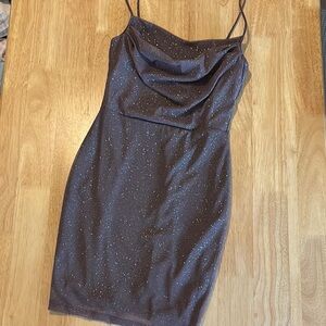 Windsor Brown Glitter Spaghetti Strap Mini Slip Dress